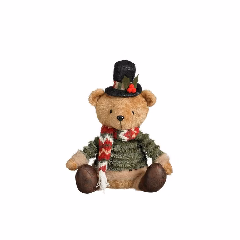 Pluche deco beer groen en bruin met kerstthema, Hoogte: 23 cm
