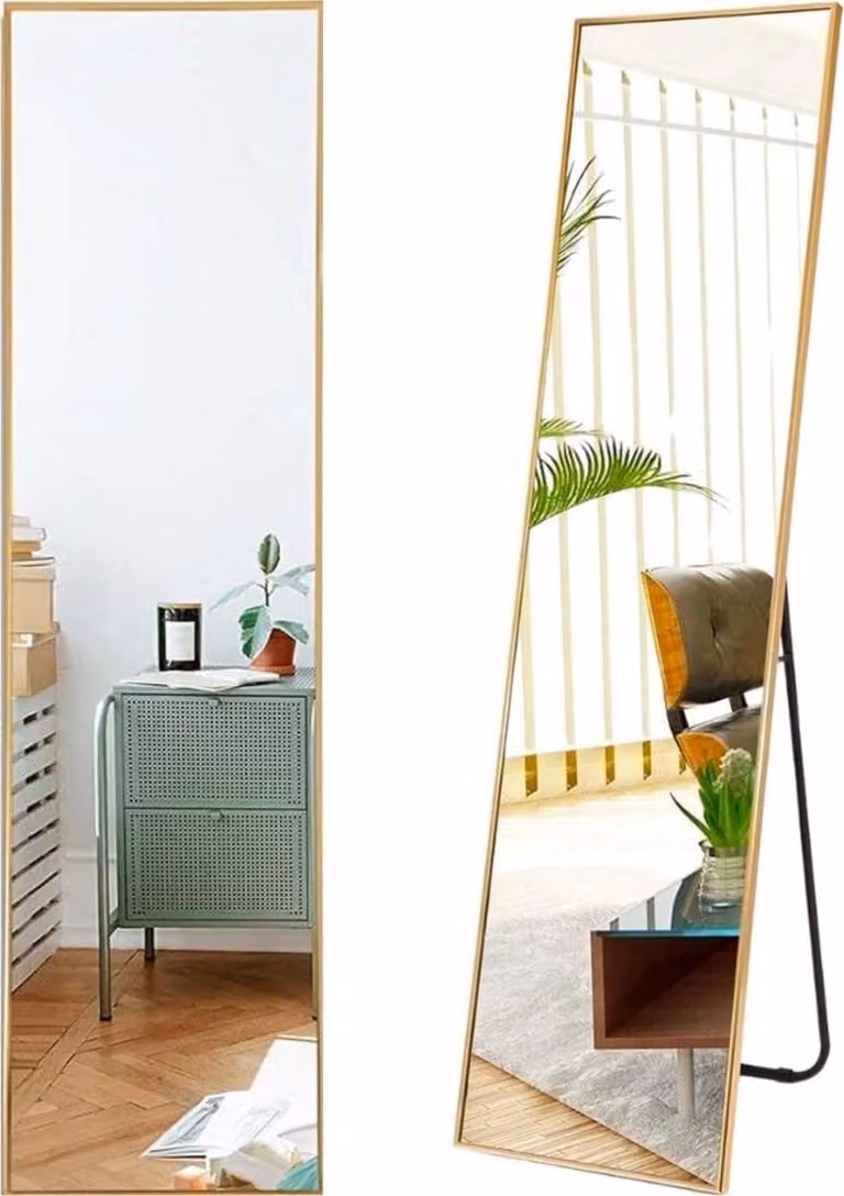 Minimalistische staande passpiegel wandspiegel in goud, 39 x 156 cm