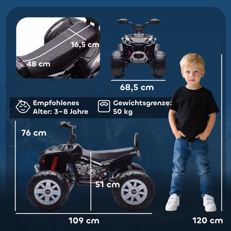 AIYAPLAY Elektrische Quad voor kinderen met 2 motoren en 2 zitplaatsen, zwart