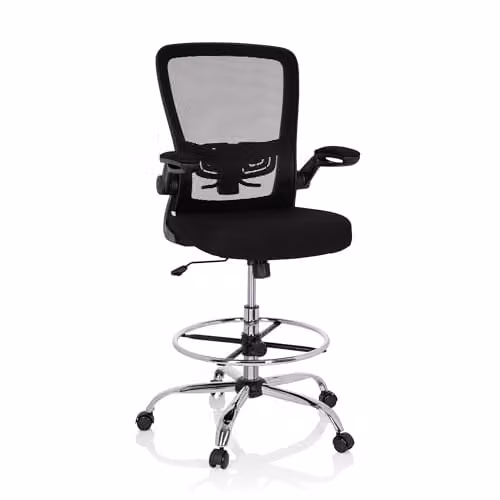 hjh OFFICE Vendo Work 719901 Werkstoel met inklapbare armleuningen en ring-voetensteun, zwart, netstof
