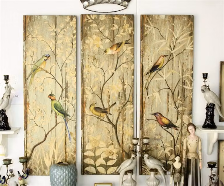 Set van 3 houten wandplaten met vogelillustraties, B/D/H: 35 x 1,5 x 107 cm