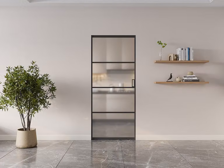 SINCA II Schuifdeur met klamplaagsysteem van aluminium en gehard matglas, H 205 x B 93 cm