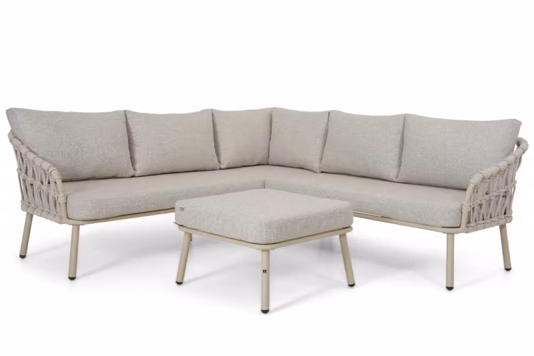 Coco Oliva moderne hoek loungeset met aluminium frame en ottoman in beige/zand