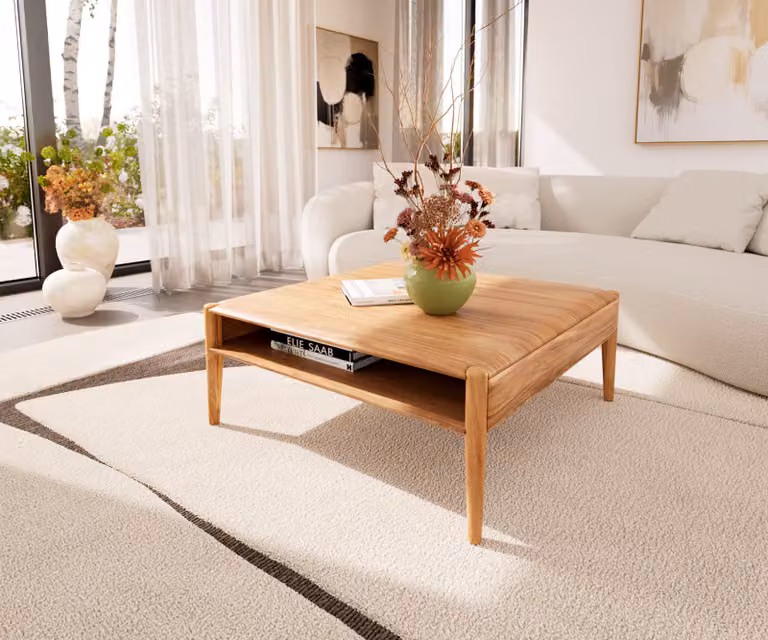 DELIFE Salontafel Simcha, vierkante houten salontafel van acacia, Bruin, B: 90 cm, D: 90 cm, H: 35 cm