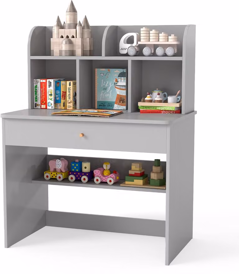 COSTWAY Kinderbureau van hout met lade en opbergvak, grijs