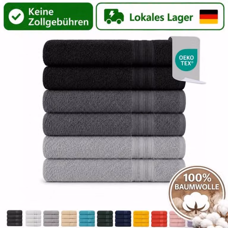 Komfortec Set van 6 XXL Badhanddoeken van 100% Katoen, 100x200 cm, Antraciet, Grijs en Zwart