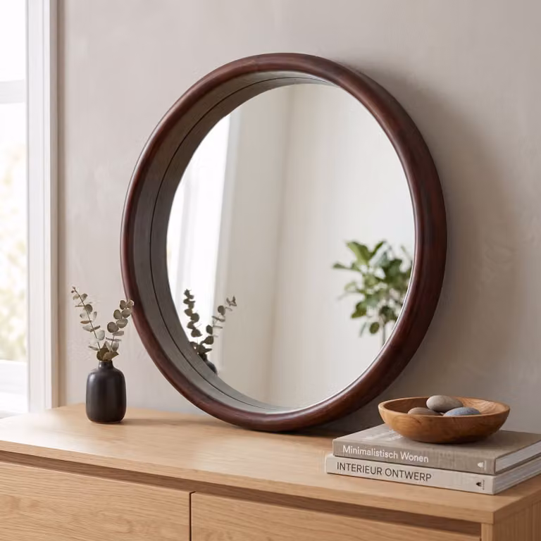 Light en Living Moderne Ronde Spiegel van Hout in Bruin, B/D/H: 55 x 10 x 55 cm