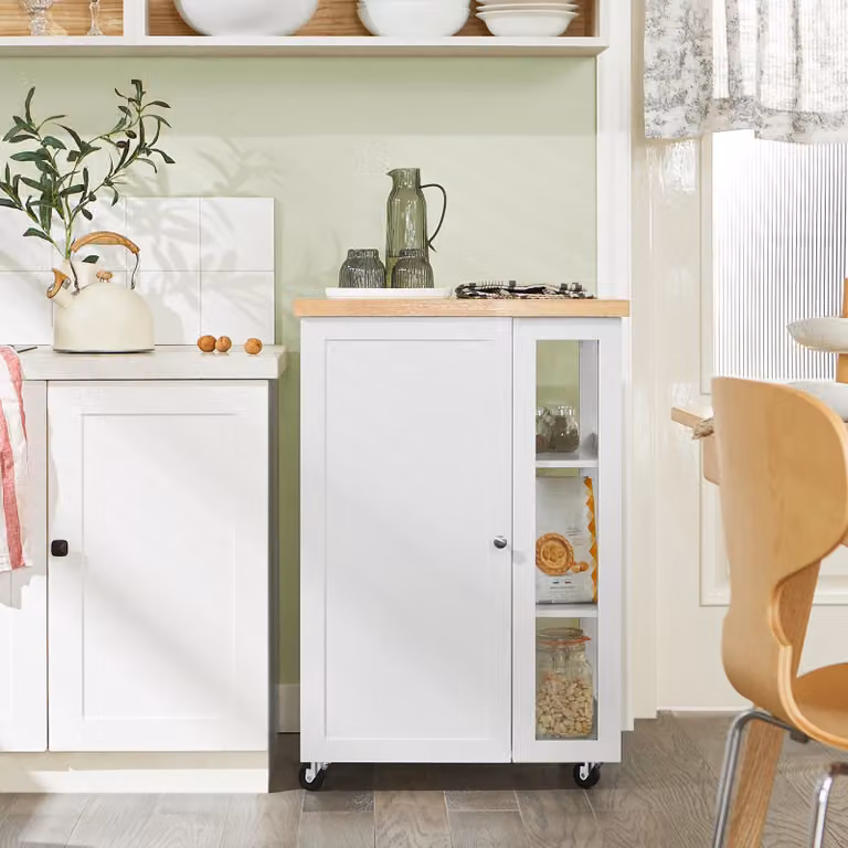 SoBuy Keukentrolley met 3 opbergvakken en wielen, Serveerwagen en Bijzettafel, Wit-naturel, FKW75-WN