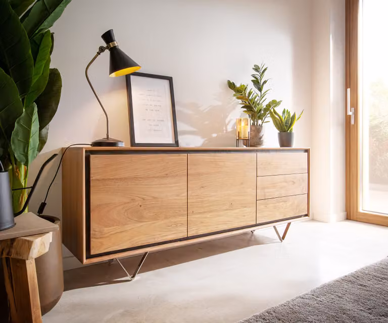 DELIFE Stonegrace Dressoir met Steenfineer en Acaciahout, Bruin/Zilver, Breedte: 175 cm