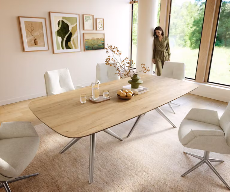 DELIFE Eettafel Edge Boot met Keramiek Laminam Sabbia Eichefarben en Roestvrij staal, Ovaal, Beige/Zilver, B: 240 cm, D: 120 cm, H: 76 cm