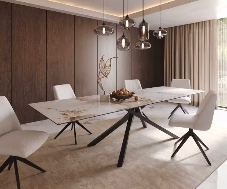 DELIFE Eetkamertafel Edge Minas Melange wit-beige keramiek met zwart kruisframe, B/D/H: 300 x 100 x 76 cm