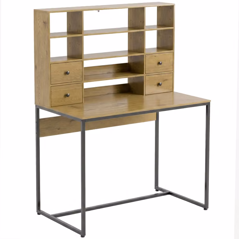 HOMCOM Computertafel met 4 laden en rekken, Breedte: 105 cm, naturel hout