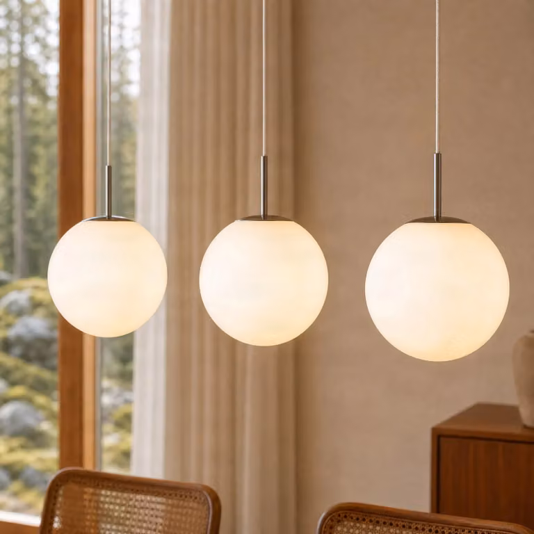 Lindby Marike hanglamp met 3 glazen bollen, wit/nikkel, lengte: 120 cm