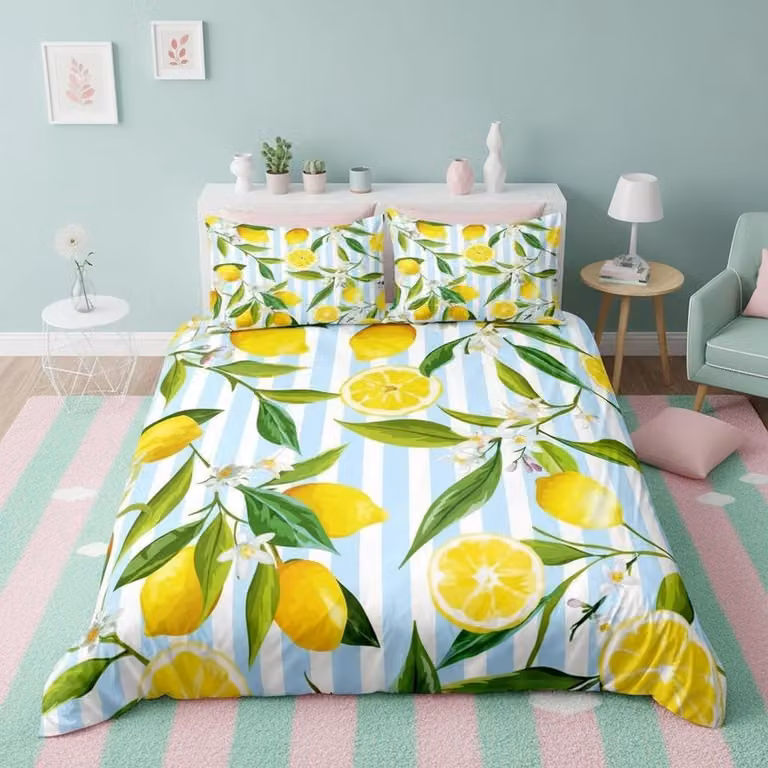 Dekbedovertrek Set Citroen Fruit & Bladeren voor kinderen, 135 x 200 cm met kussensloop 80 x 80 cm