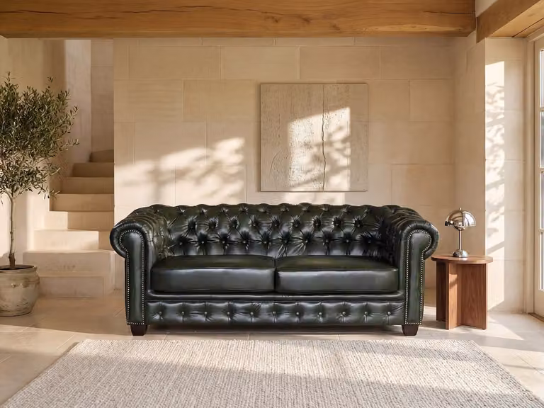 Driezitsbank Chesterfield BRENTON van 100% buffelleer in empire groen, B/D/H: 201 x 96 x 73 cm