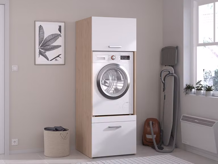 ERKANO Wasmachinekast met 1 plank, 1 lade en 1 kast - Licht naturel en wit - B64 x H184,4 cm