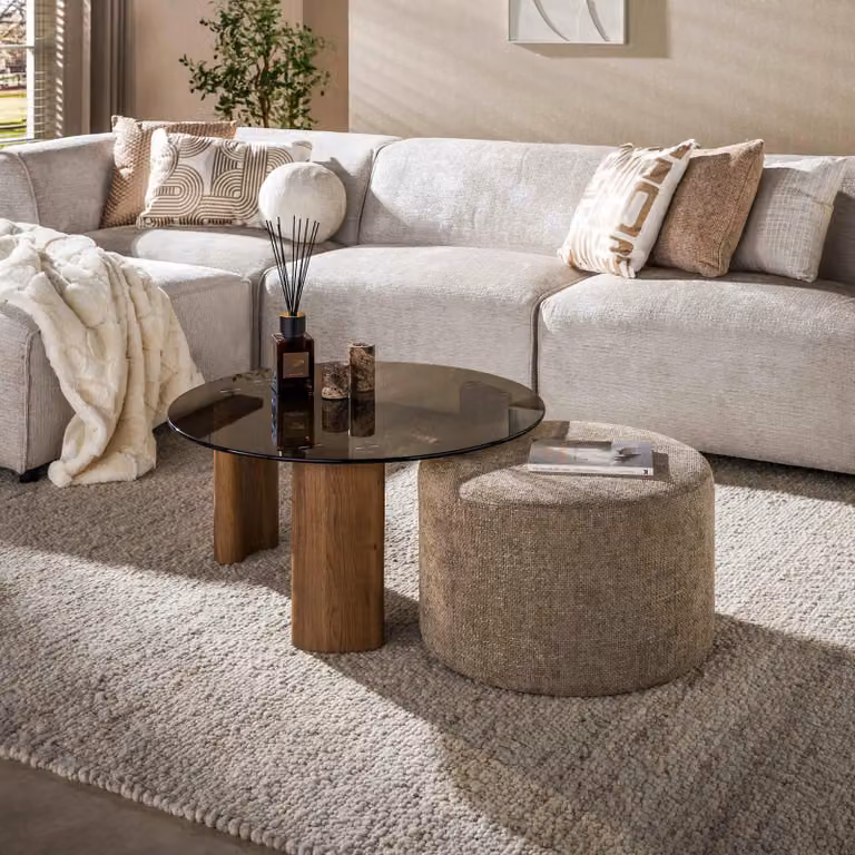 WoonStijl Salontafel Tinto met 2 poefs, Brons, Glas, Rond