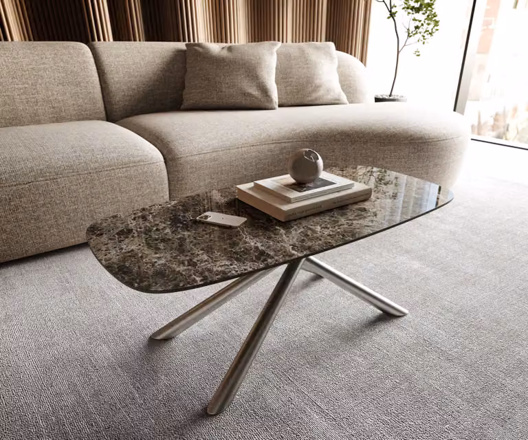 Sarity Edge Salontafel met keramiek in Emperador Extra Lucidato donkerbruin en geborsteld roestvrij staal, B/D/H: 100 x 50 x 41 cm