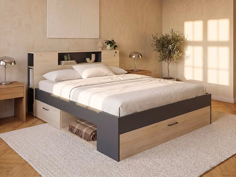 Vente-unique Modern Bedframe met lades en opbergruimte, antraciet, wit of zwart - B/D: 140 x 190 cm
