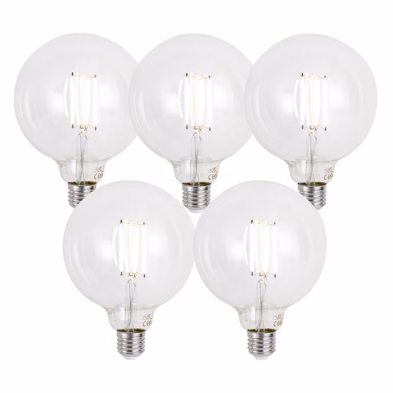 Set van 5 LUUMR Smart E27 LED Globe lampen, helder glas, dimbaar, 7W