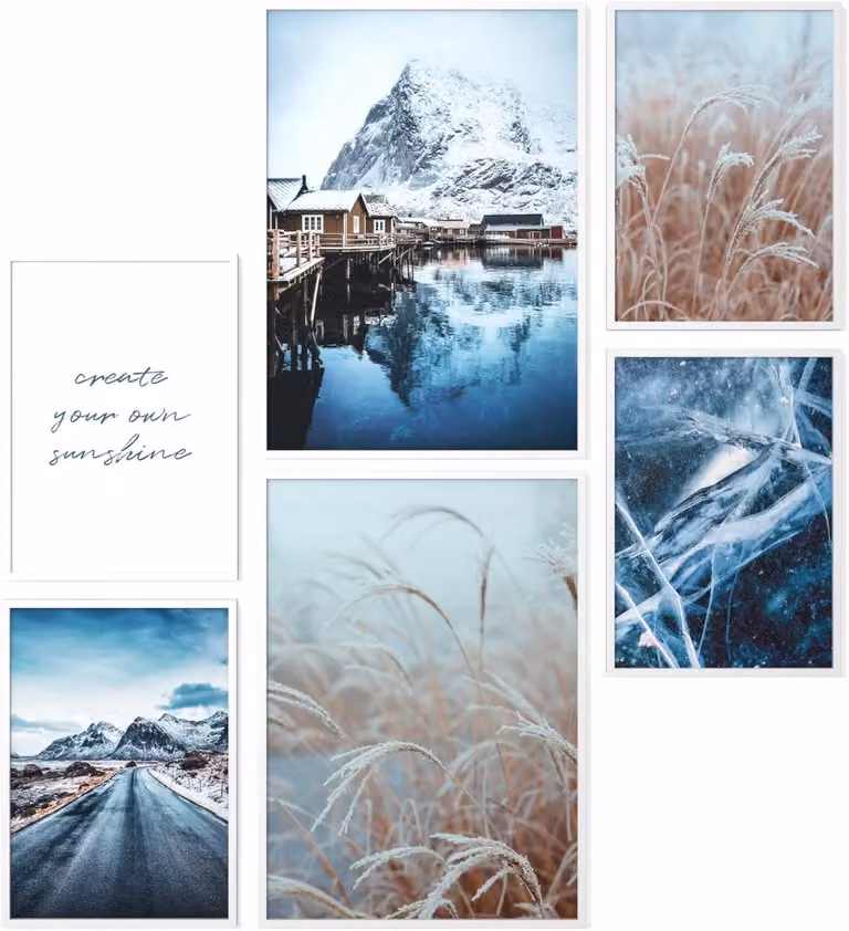 Set van 6 Scandinavische Winterposters met Houten Lijst in Wit voor Woonkamer en Slaapkamer Decoratie