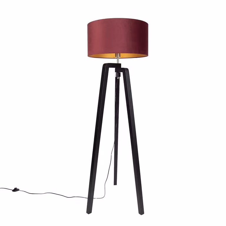 Qazqa Vloerlamp zwart tripod met rode kap en gouden binnenkant 50cm