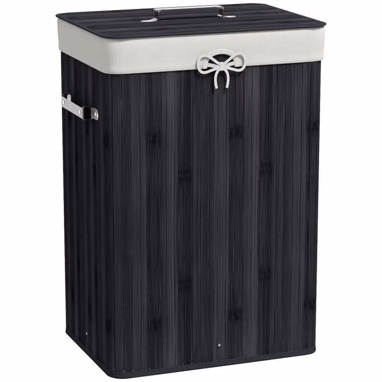 HOMCOM Wasmand van Bamboe met Deksel en Uitneembare Zak, 72L, Zwart, B/D/H: 40 x 30 x 60 cm