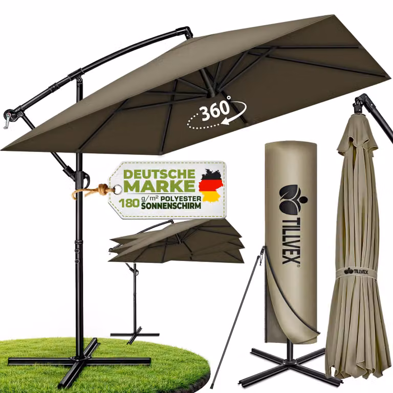 Tillvex Aluminium Zweefparasol Rechthoekig Ø 330 cm met Standaard, Windscherm en Afdekking