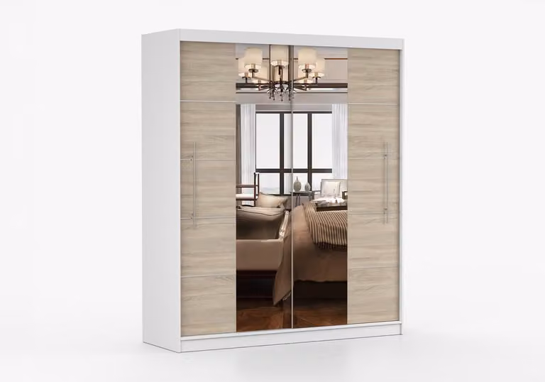 Kledingkast NICO III 203 cm - 2-deurs schuifdeurkast met spiegel en decoratieve lijsten - Wit + Sonoma