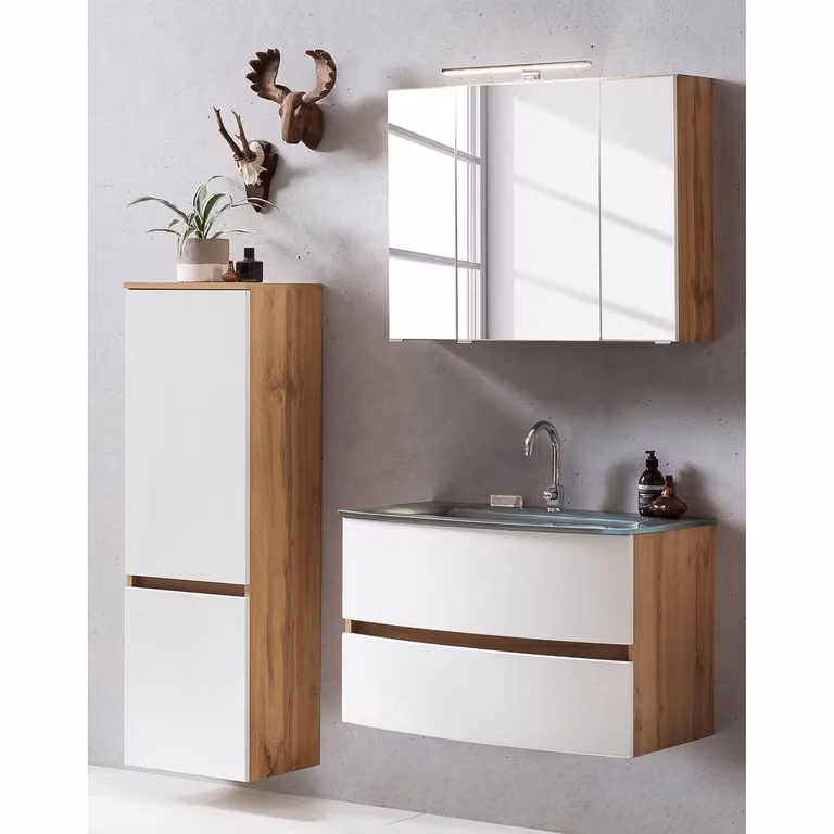 home24 Badkamerset VI 3-delig wit en Wotan eikenhouten look, B/D/H: 120 x 200 x 49 cm