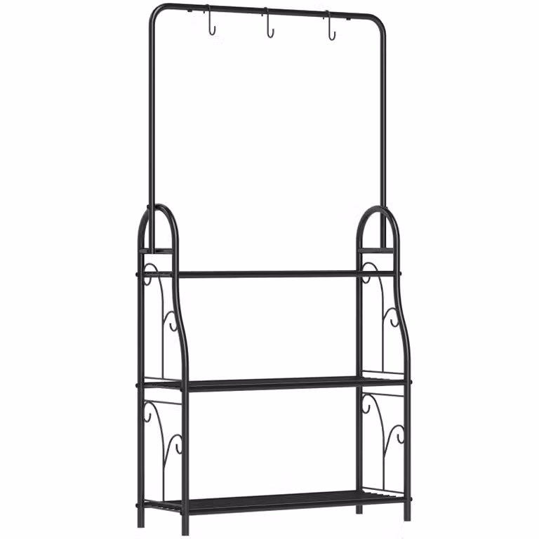 Outsunny plantenstandaard en 3-laags schoenenrek met 3 hanghaken, zwart, H x B x D: 137 x 75 x 25 cm