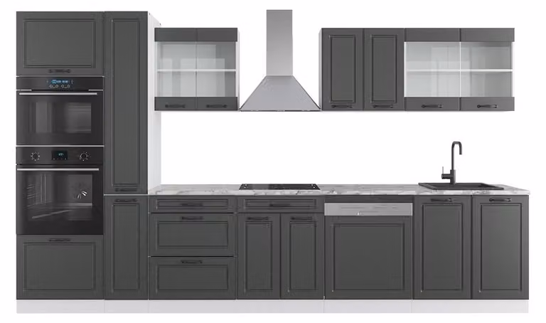 Vicco R-Line Keukenblok Antraciet/Wit met hoge kast en Marmeren werkblad, 350 cm