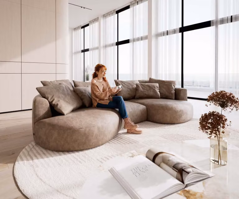 DELIFE Edina hoekbank in microvezel met kussens, beige, 328 x 166 cm