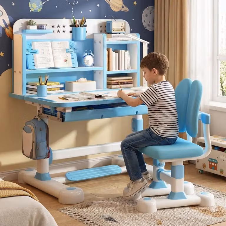 Blauwe Kinderbureau Stoelset met 50 graden Kantelbaar Bureau, Breedte: 80 cm