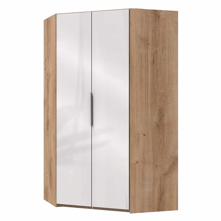 home24 Hoekkledingkast Bruin/Eikenhout en Hoogglans Wit, Hoogte: 216 cm