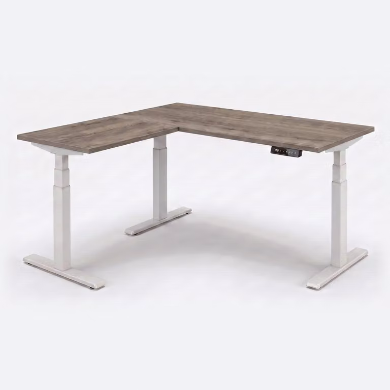 Elektrisch zit-sta hoekbureau in bruin eiken met aluminium frame, B/D: 200 x 200 cm