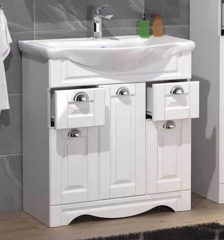 VCM Casalo XL Badmeubel Set in Landhuis Stijl met Keramisch Wastafel en Onderkast, Wit, B/D/H: 75 x 44 x 81 cm