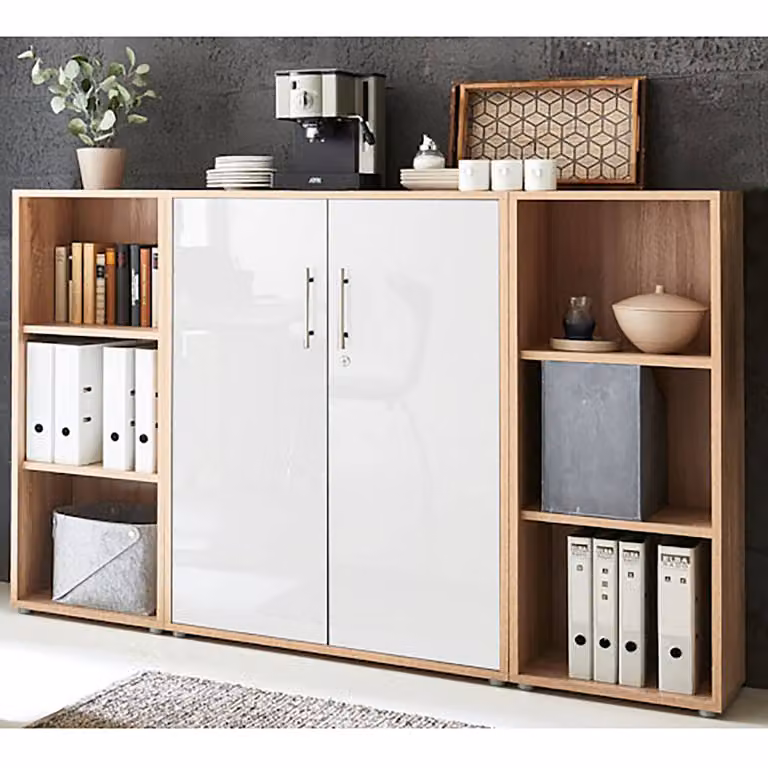 home24 Dossierkast 3-delig in bruin Sonoma eiken en hoogglans wit, Breedte: 114 cm