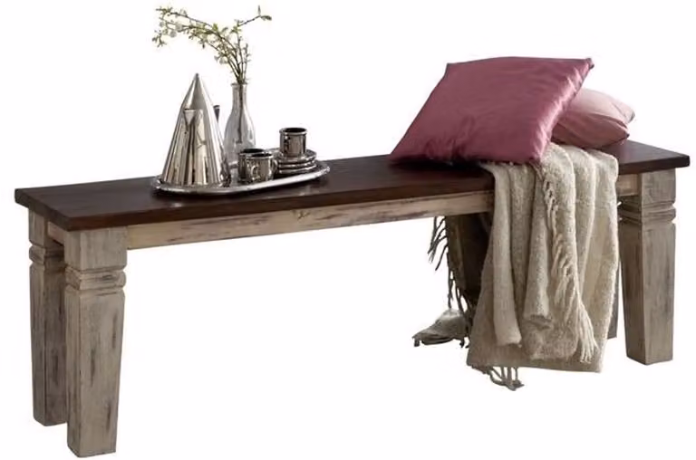 Massivmoebel24.de CASTLE-ANTIK #146 Eetkamerbank van massief mango en acacia hout in wit, B/D/H: 140 x 35 x 45 cm