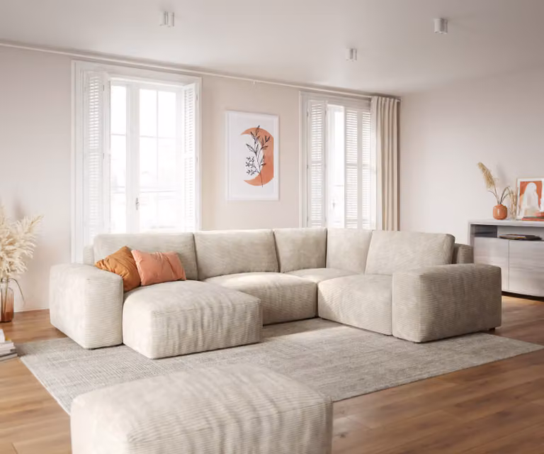DELIFE Woonlandschap Lanzo L-vormige bank in beige corduroy met variabele recamière en hocker, B/D/H: 303 x 210 x 70 cm
