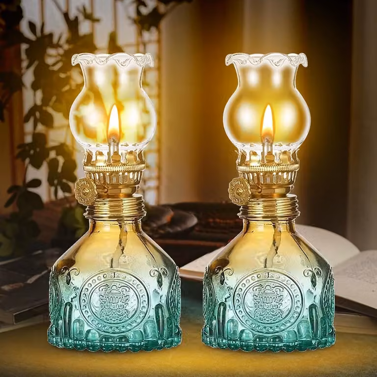 Set van 2 Vintage Petroleumlampen Glazen Oliekandelaars voor Binnen en Buiten, H x B x D: 17 x 8 x 8 cm