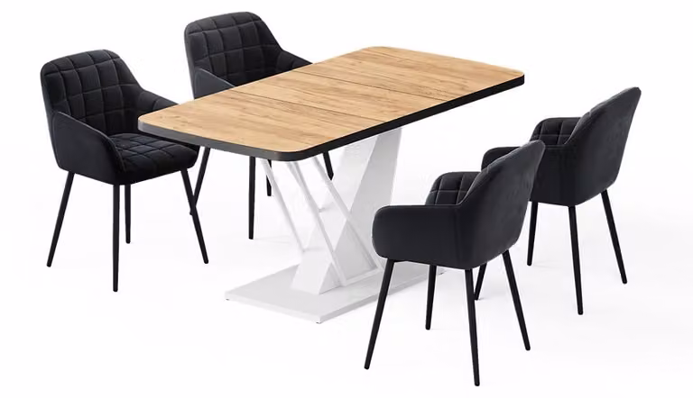 Vicco Fenaro Eettafelset met 4 eetkamerstoelen, Goudkleurig Eiken/Wit, B: 120 cm, D: 80 cm
