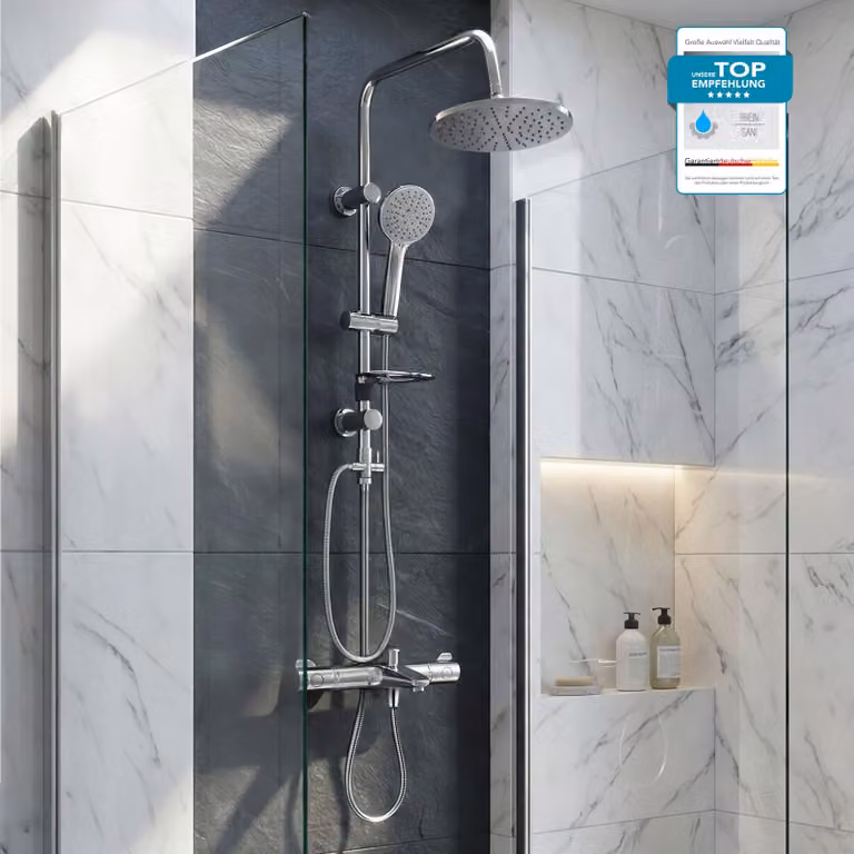 GROHE Grohtherm 800 douchesysteem met badarmatuur, BELVIT regendouche en 20 cm handdouche, chroom en 3 soorten staal, grijs