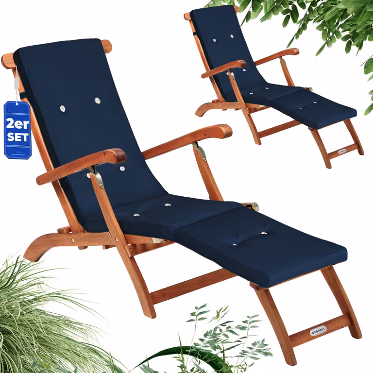 Casaria Set van 2 Inklapbare Ligbedden van Acaciahout met Kussen, Blauw, Verstelbare Rugleuning, 169 x 54 cm