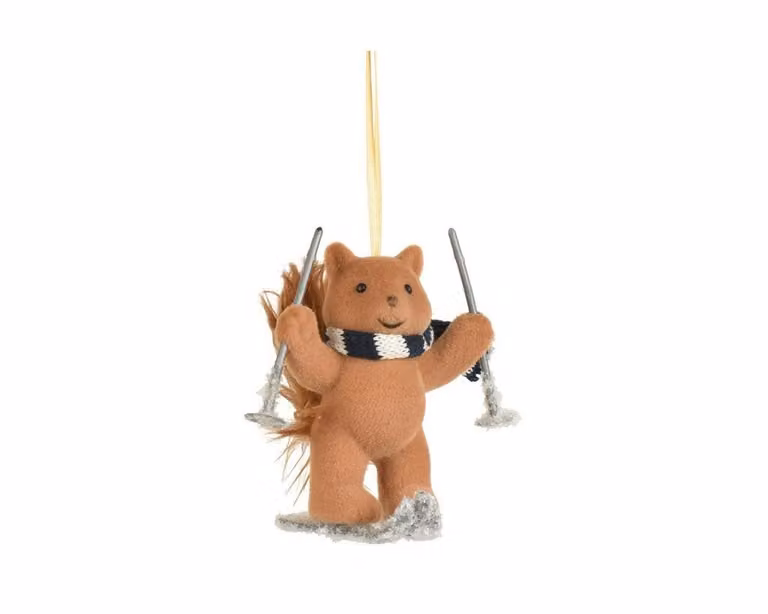 Bruine kersthanger vos op ski's van textiel, 11 cm