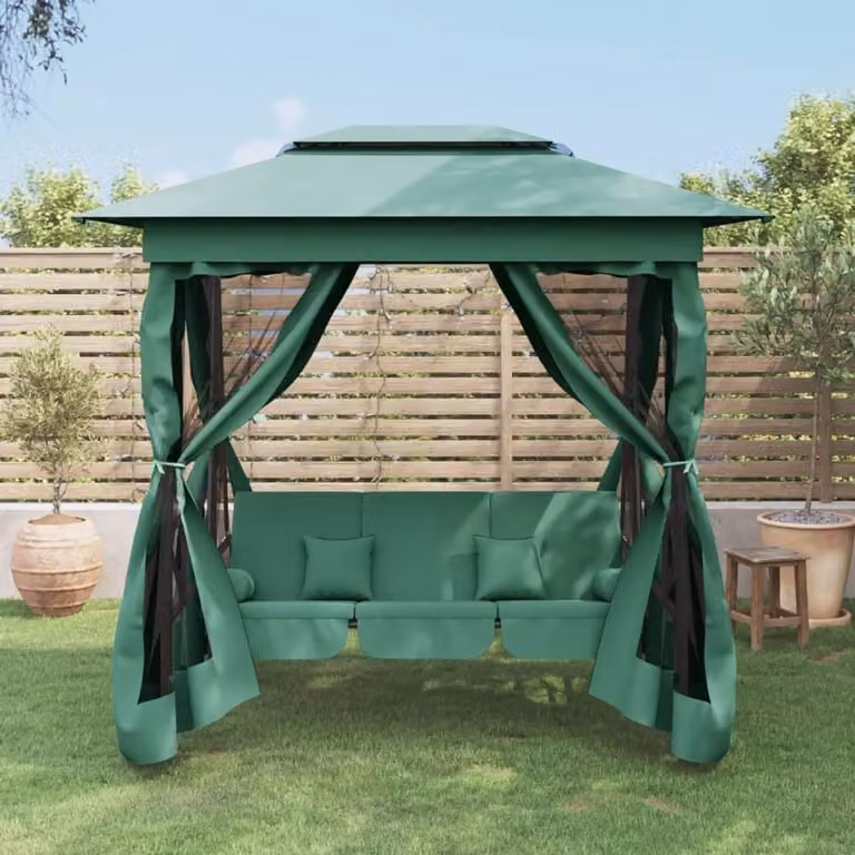 Tuinpaviljoen met schommelbank, luifel, gordijnen en insectenbescherming, 3-in-1 tuinmeubelset, groen, B/D/H: 223 x 153 x 233 cm