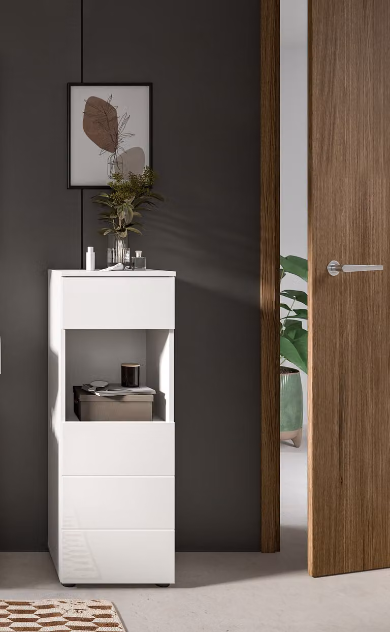 ebuy24 Moderne badkamerkast met deurtjes en lades, wit, B: 106 cm, H: 38 cm, D: 34 cm