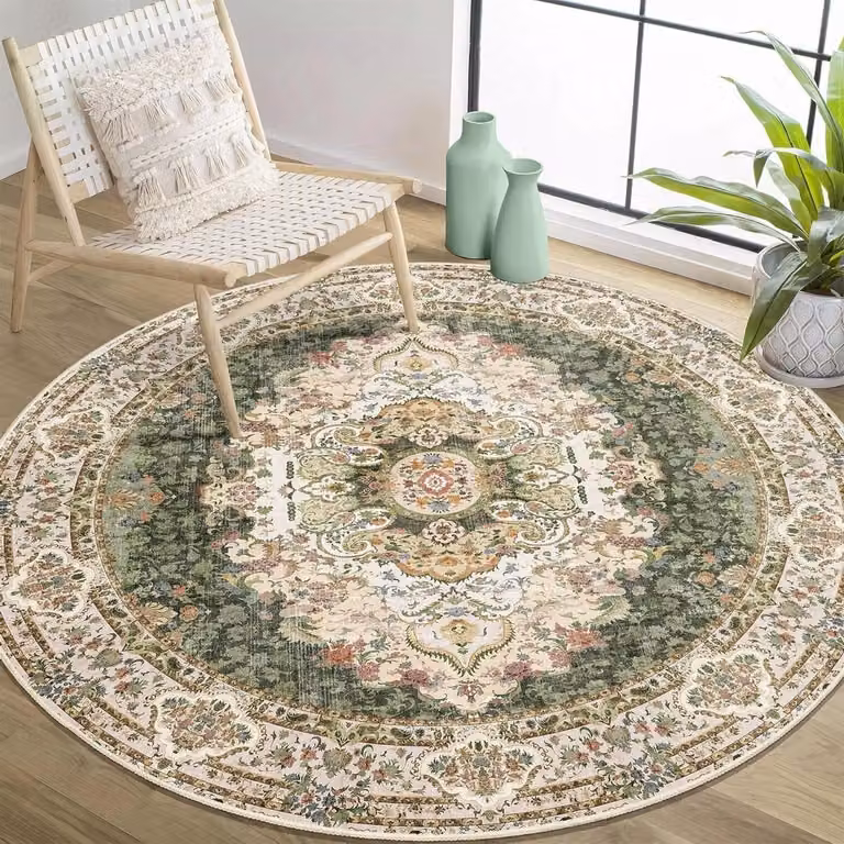 Rond Vloerkleed met Floral en Oriental Design - Groen - Diameter: 120 cm