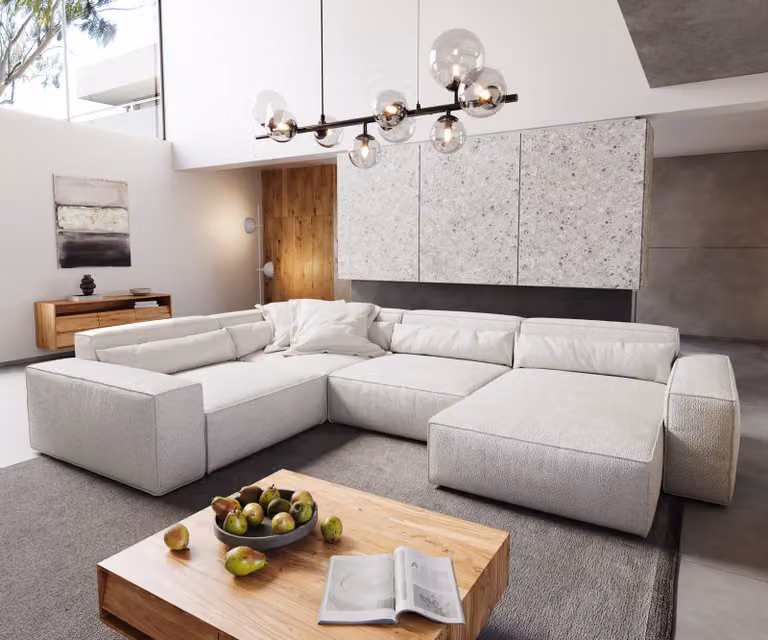 DELIFE Sirpio XL Woonkamerlandschap in boucle crème-wit met variabele recamiere, B: 360 cm, D: 260 cm