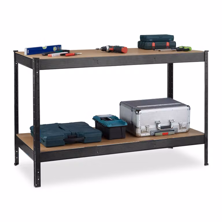 Relaxdays Werkbank met 2 verstelbare plateaus, zwart/bruin, H x B x D: 91 x 141 x 61 cm